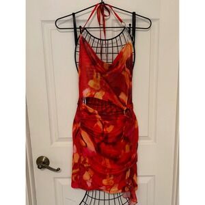Red Halter Cutout Mini Dress Y2K Style Cowl Neck Ring Detail Party Clubwear EUC